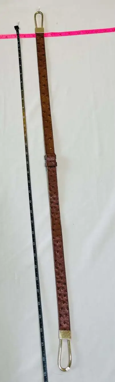 Vintage Brown Ostrich Embossed Leather Belt Gold Statement Buckle Western Boho